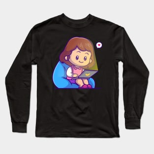 Cute Girl Sitting Playing Laptop Cartoon Long Sleeve T-Shirt